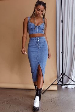 Trina Button Front Midi Skirt Blue 11 Trina Button Front Midi Skirt Blue -Fashion women's clothing ST3159D S 20BLUE 2