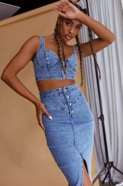 Trina Button Front Midi Skirt Blue 12 Trina Button Front Midi Skirt Blue -Fashion women's clothing ST3159D S 20BLUE 4