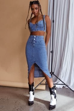 Trina Button Front Midi Skirt Blue 14 Trina Button Front Midi Skirt Blue -Fashion women's clothing ST3159D S 20BLUE 6