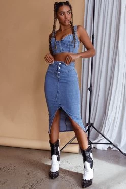 Trina Button Front Midi Skirt Blue 16 Trina Button Front Midi Skirt Blue -Fashion women's clothing ST3159D S 20BLUE 8