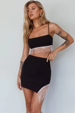 Call On Me Diamante Fringe Mini Skirt Black -Fashion women's clothing ST3492B02 S 20BLACK 2