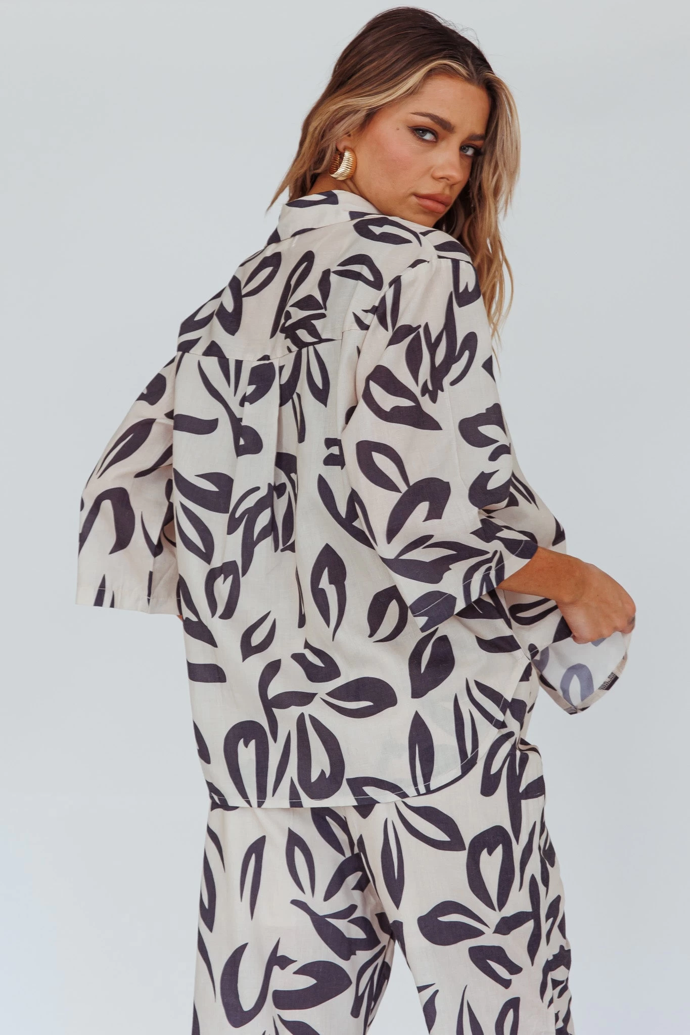 Just A Hunch Button Shirt Leaf Print Beige 2 Just A Hunch Button Shirt Leaf Print Beige - Image 2