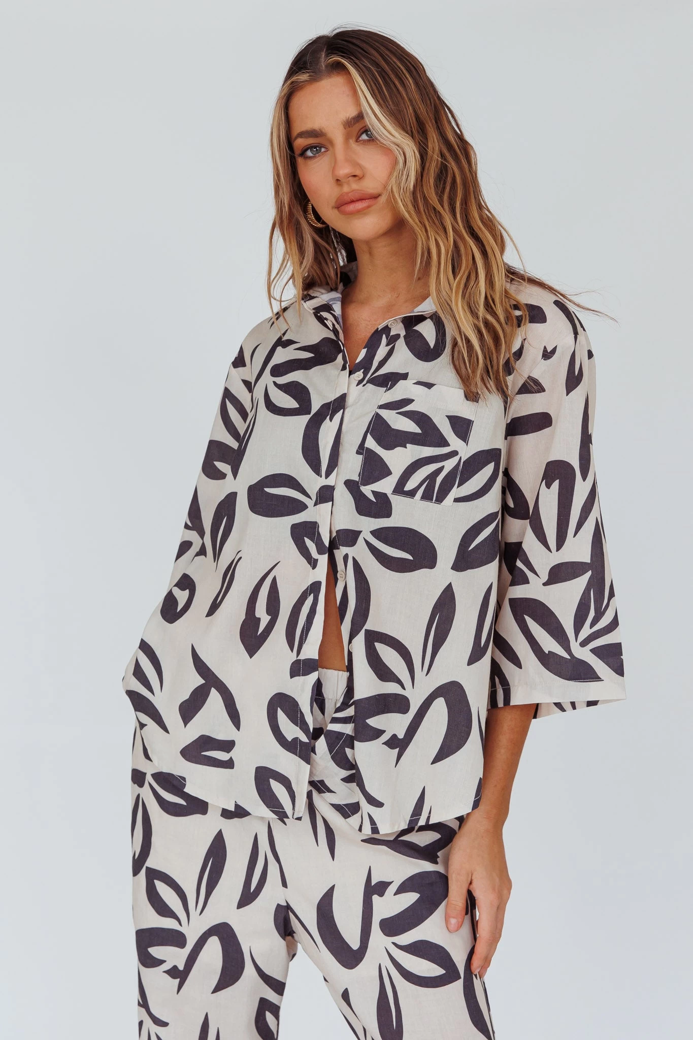 Just A Hunch Button Shirt Leaf Print Beige 5 Just A Hunch Button Shirt Leaf Print Beige - Image 5