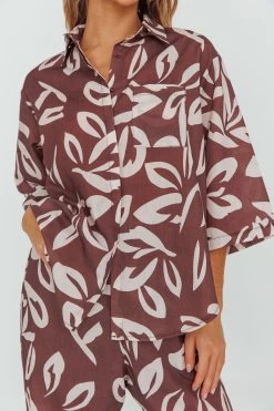 Just A Hunch Button Shirt Leaf Print Chocolate -Fashion women's clothing ST3641D03 T 20CHOCOLATE 4