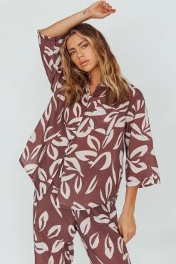 Just A Hunch Button Shirt Leaf Print Chocolate -Fashion women's clothing ST3641D03 T 20CHOCOLATE 5