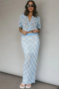 Byron Bay Crochet Buttoned Top Blue -Fashion women's clothing ST3654D T 20BLUE 5