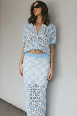 Byron Bay Crochet Buttoned Top Blue -Fashion women's clothing ST3654D T 20BLUE 7