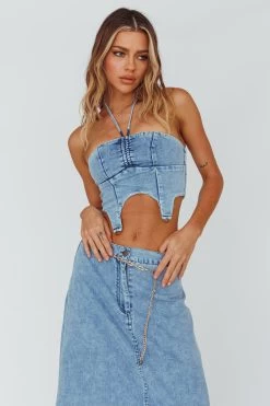 Romcom Halterneck Crop Top Denim Blue