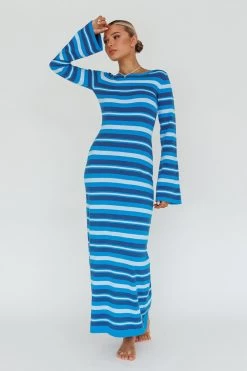 Jozie Long Sleeve Maxi Dress Stripe Blue 11 Jozie Long Sleeve Maxi Dress Stripe Blue -Fashion women's clothing ST3923H 20BLUE 5
