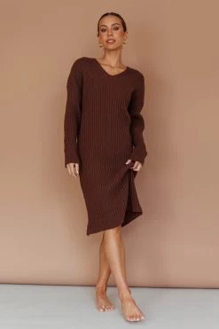 Autumn Hooded Sweater Midi Dress Chocolate -Fashion women's clothing ST3949D 20CHOCOLATE 2