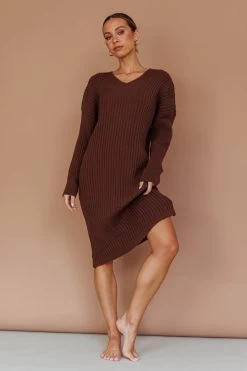 Autumn Hooded Sweater Midi Dress Chocolate -Fashion women's clothing ST3949D 20CHOCOLATE 5