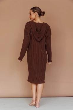 Autumn Hooded Sweater Midi Dress Chocolate -Fashion women's clothing ST3949D 20CHOCOLATE 6