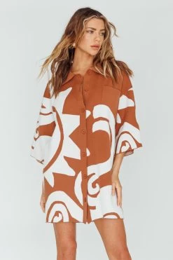 Nalani Button Up Knit Shirt Dress Chocolate/Beige -Fashion women's clothing ST3970H 20CHOCOLATE BEIGE 6