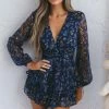 Maddox Fit & Flare Long Sleeve Romper Botanic Print Navy