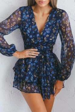 Maddox Fit & Flare Long Sleeve Romper Botanic Print Navy -Fashion women's clothing T0374D42 20NAVY 4