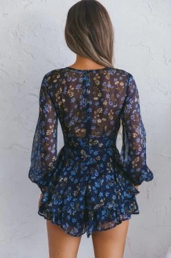 Maddox Fit & Flare Long Sleeve Romper Botanic Print Navy -Fashion women's clothing T0374D42 20NAVY 8