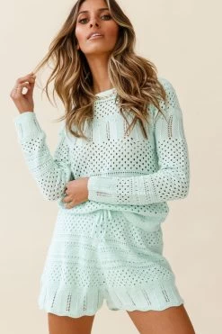 Lazy Daze Long Sleeve Crochet Knit Top Mint -Fashion women's clothing ZES007 MINT 1