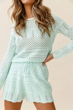 Lazy Daze Long Sleeve Crochet Knit Top Mint -Fashion women's clothing ZES007 MINT 4