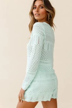 Lazy Daze Long Sleeve Crochet Knit Top Mint -Fashion women's clothing ZES007 MINT 5