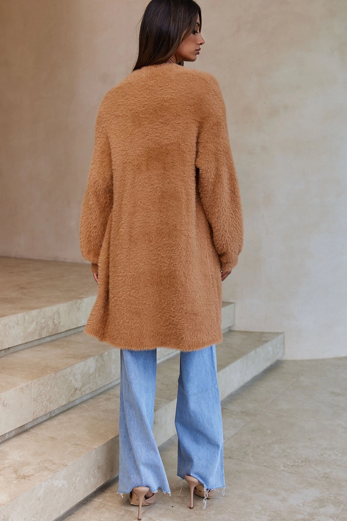 Hold The Phone Long Sleeve Fuzzy Duster Cardigan Tan 2 Hold The Phone Long Sleeve Fuzzy Duster Cardigan Tan - Image 2