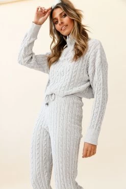 Breckenridge O-ring Zipper Cable Knit Sweater Grey -Fashion women's clothing ZNL018 GREY 5