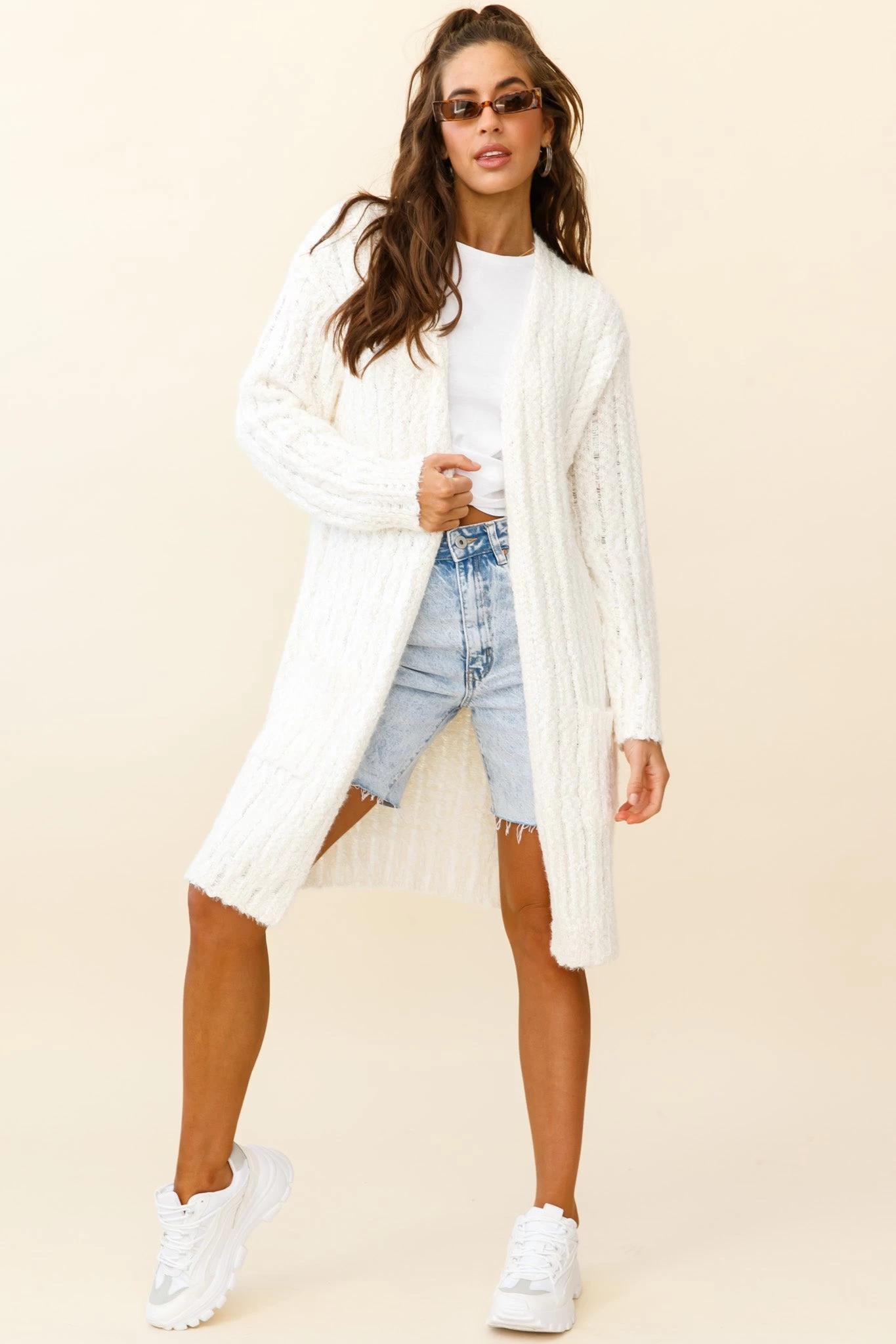 Fredricka Long-Line Knit Cardigan White 2 Fredricka Long-Line Knit Cardigan White - Image 2