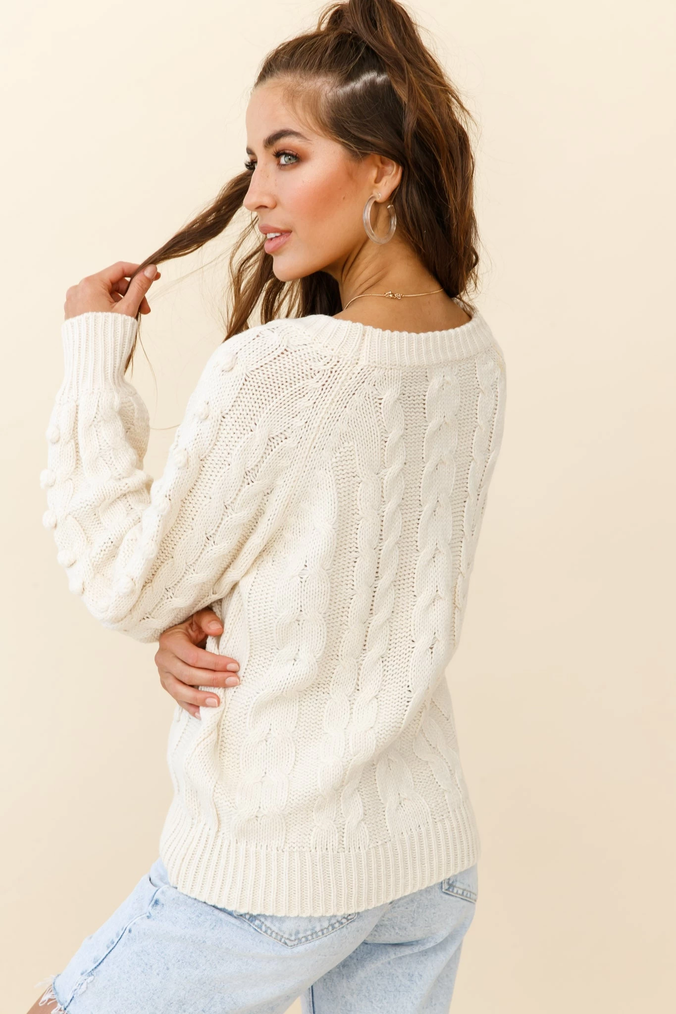 Bestie Pom Pom Detail Cable Knit Sweater Cream 3 Bestie Pom Pom Detail Cable Knit Sweater Cream - Image 3