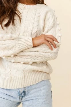 Bestie Pom Pom Detail Cable Knit Sweater Cream 10 Bestie Pom Pom Detail Cable Knit Sweater Cream -Fashion women's clothing ZNL031 BEIGE 4