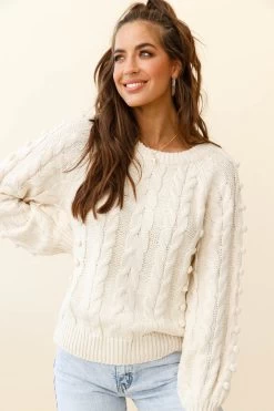 Bestie Pom Pom Detail Cable Knit Sweater Cream 11 Bestie Pom Pom Detail Cable Knit Sweater Cream -Fashion women's clothing ZNL031 BEIGE 6