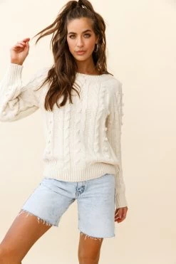 Bestie Pom Pom Detail Cable Knit Sweater Cream 12 Bestie Pom Pom Detail Cable Knit Sweater Cream -Fashion women's clothing ZNL031 BEIGE 7