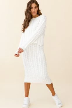 Cozy Up Cable Knit Midi Skirt White -Fashion women's clothing ZNL033 WHITE 4