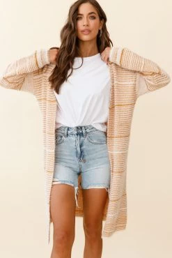 Moon Shine Fuzzy Knit Long Cardigan Striped Beige -Fashion women's clothing ZNL035 BEIGE 4