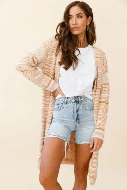 Moon Shine Fuzzy Knit Long Cardigan Striped Beige -Fashion women's clothing ZNL035 BEIGE 6