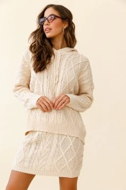 Issy Dropped Sleeve Cable Knit Hoodie Cream -Fashion women's clothing ZNL039 CREAM 6