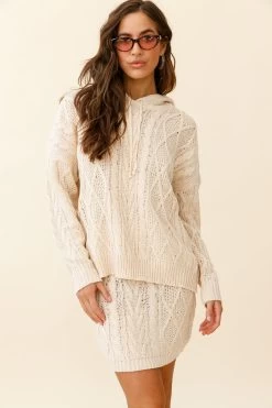 Issy Dropped Sleeve Cable Knit Hoodie Cream -Fashion women's clothing ZNL039 CREAM 8