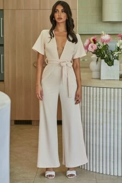Rhone River Deep V-Neckline Wide Leg Waist Tie Jumpsuit Sand 15 Rhone River Deep V-Neckline Wide Leg Waist Tie Jumpsuit Sand -Fashion women's clothing a0222j sand 8