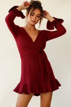 Shalini Flared Cuff Surplice Neckline Knit Dress Wine 10 Shalini Flared Cuff Surplice Neckline Knit Dress Wine -Fashion women's clothing cm0393b01 wine 190806sl17664