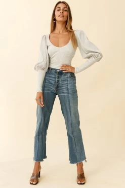 Moneymaker Lantern Sleeve Open Back Bodysuit Grey Marble -Fashion women's clothing cm1181b01 grey marbel 3