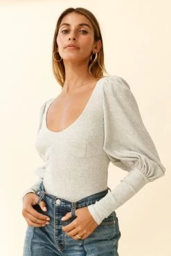 Moneymaker Lantern Sleeve Open Back Bodysuit Grey Marble -Fashion women's clothing cm1181b01 grey marbel 7