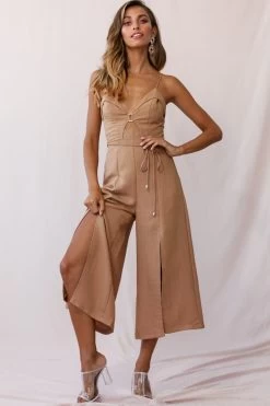 Charlie Structured Wide Leg Jumpsuit Tan -Fashion women's clothing photo 1833 62453b tan