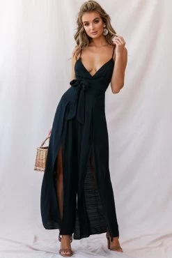 Taylor V-Neck Split Wide Leg Jumpsuit Black -Fashion women's clothing photo 1842 62275d black
