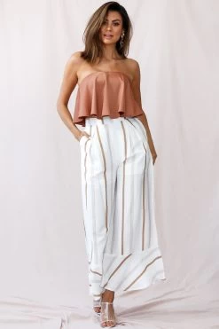 Hermosa Wide Leg Pocket Pants Stripe Print Tan