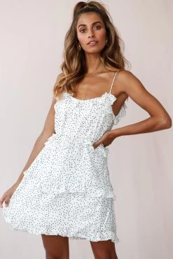 Maria Frill Trim Polka Dot Dress White -Fashion women's clothing photo 232 st2044d01 white