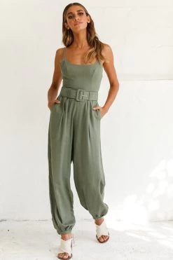 Santa Barbara Cuffed Hem Belted Jumpsuit Olive 10 Santa Barbara Cuffed Hem Belted Jumpsuit Olive -Fashion women's clothing photo 2324 st2032dk olive