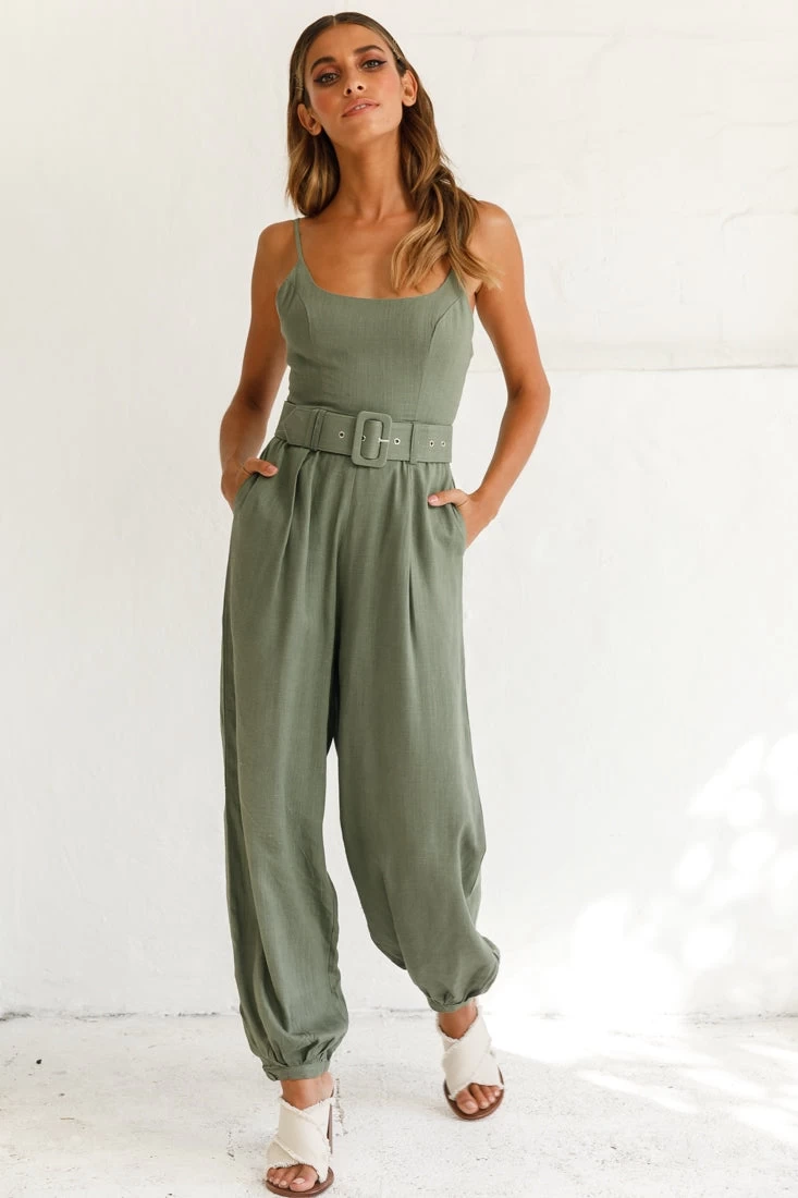Santa Barbara Cuffed Hem Belted Jumpsuit Olive 5 Santa Barbara Cuffed Hem Belted Jumpsuit Olive - Image 5