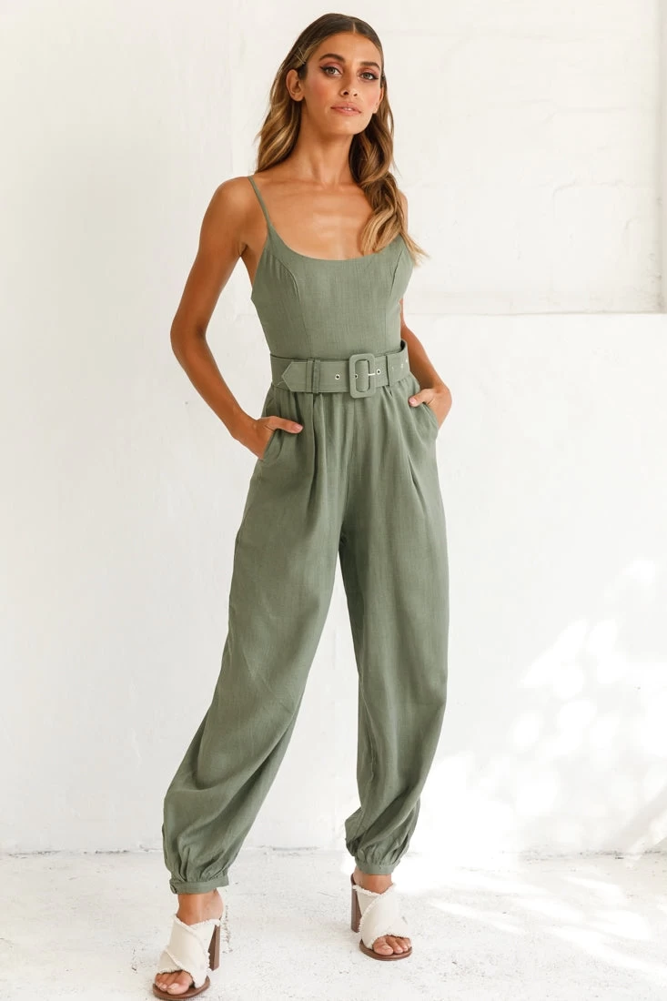 Santa Barbara Cuffed Hem Belted Jumpsuit Olive 6 Santa Barbara Cuffed Hem Belted Jumpsuit Olive - Image 6
