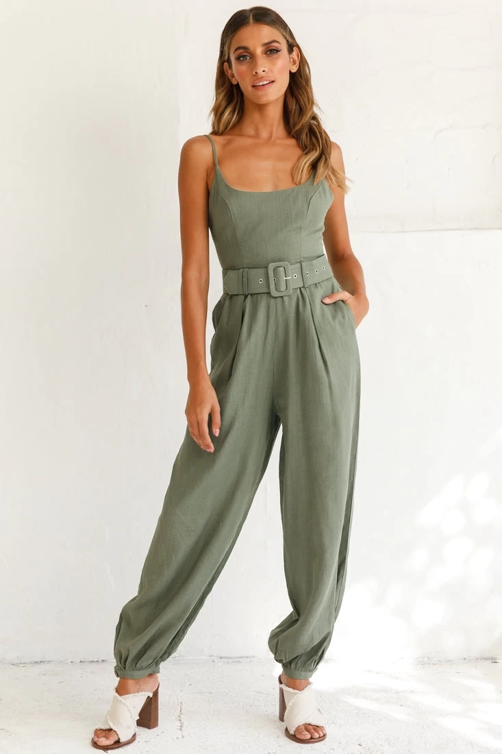 Santa Barbara Cuffed Hem Belted Jumpsuit Olive 2 Santa Barbara Cuffed Hem Belted Jumpsuit Olive - Image 2
