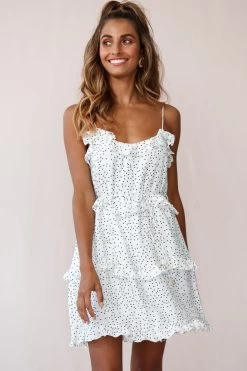 Maria Frill Trim Polka Dot Dress White -Fashion women's clothing photo 233 st2044d01 white