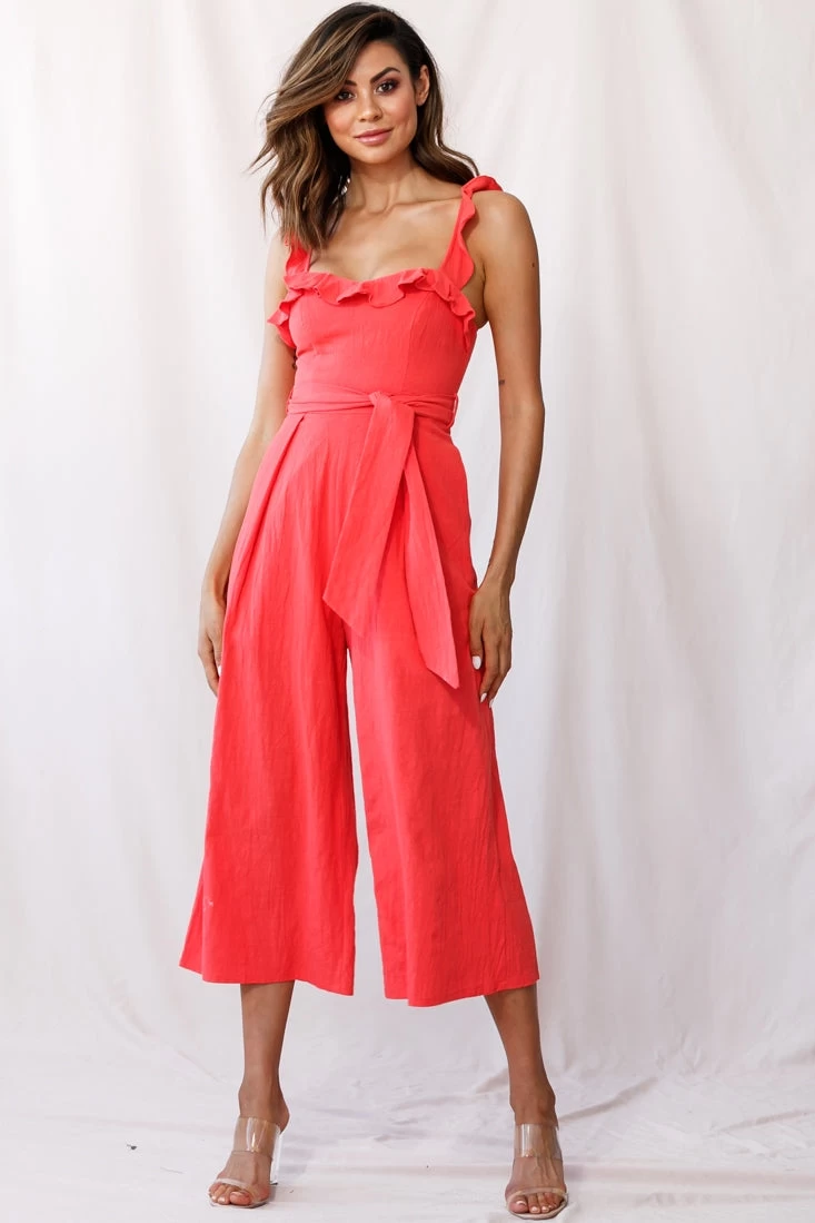 Kaia Ruffle Strap Wide-Leg Capri Jumpsuit Red 5 Kaia Ruffle Strap Wide-Leg Capri Jumpsuit Red - Image 5