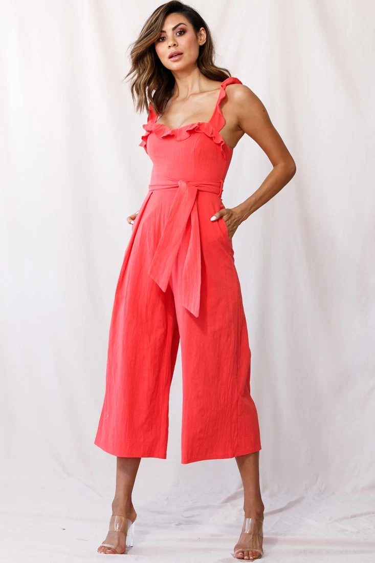 Kaia Ruffle Strap Wide-Leg Capri Jumpsuit Red 1 Kaia Ruffle Strap Wide-Leg Capri Jumpsuit Red